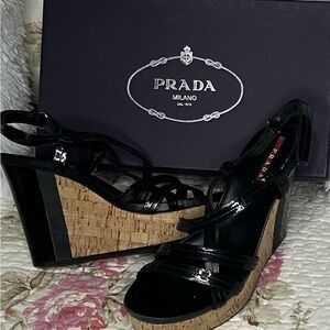 Prada Black and Tan Wedge Sandals
